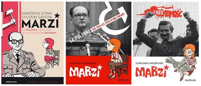 Od lewej: "Marzi" po włosku i dwa wydania francuskie