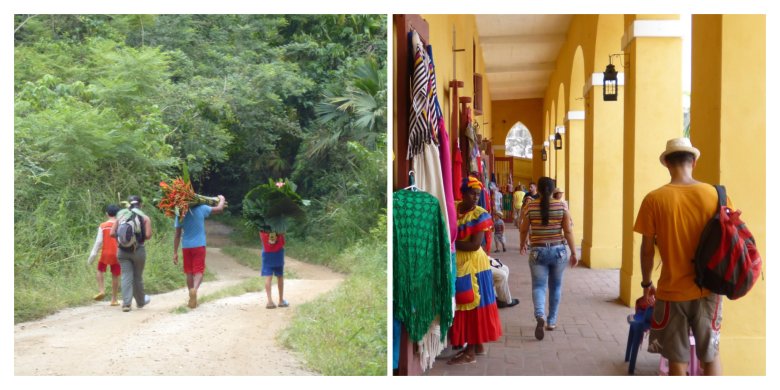 Dzieci niosą kwiaty na sprzedaż. Kolorowa pani w Kartagenie sprzedaje owoce.