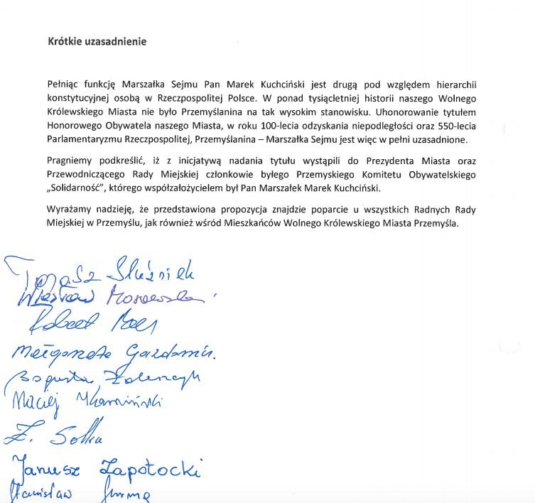 Uzasadnienie nadania tytułu Honorowego Obywatela Miasta.