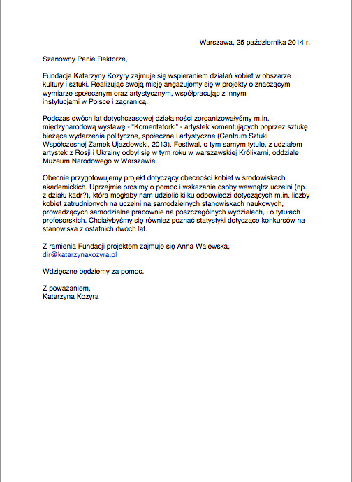 Treść listu wysłana do rektoratów