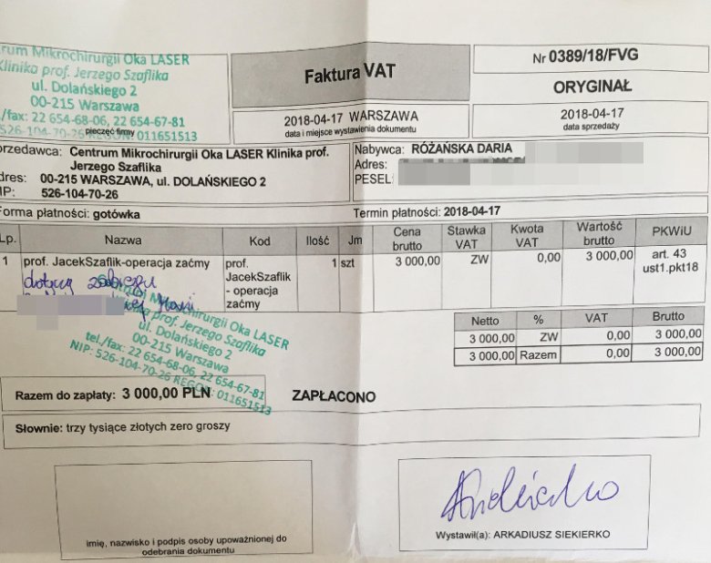 Faktura za wykonanie zabiegu usunięcia zaćmy p. Marii. Lekarze wykonujący zabieg zrzekli się honorariów.