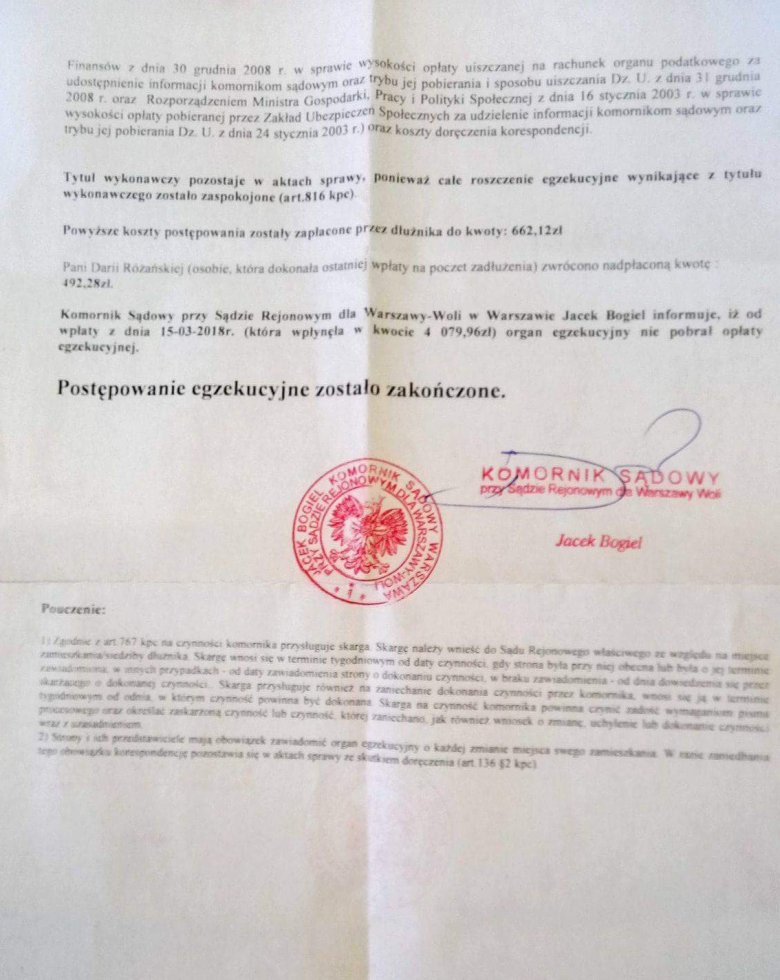 Komornik Jacek Bogiel 19 marca wysłał pani Marii pismo informujące o  braku zadłużenia.