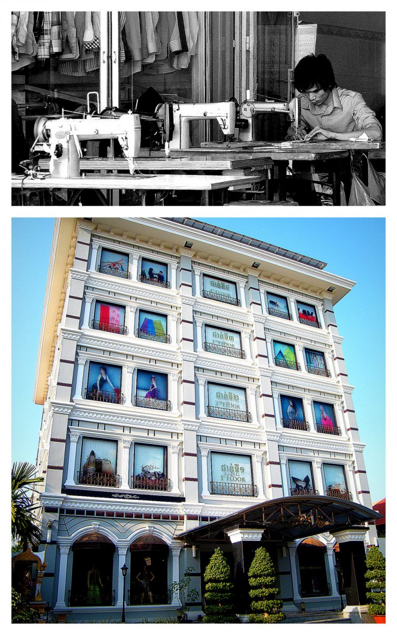 Góra: Pracownik szwalni w Phnom Penh
Dół: Dom mody w Phnom Penh