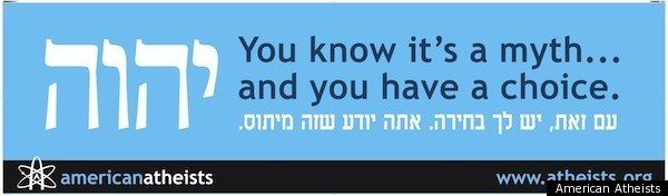 "Wiesz, że to mit... i masz wybór" Plakat organizacji American Atheists skierowany do żydowskich ateistów, po angielsku i hebrajsku