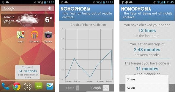 Screeny z aplikacji „Nomophobia for phone addiction”