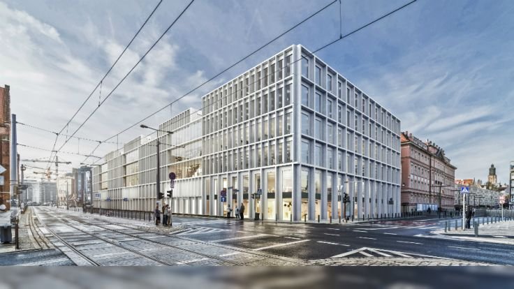 Rys. 3: Biurowiec powstający obecnie w dawnym kwartale między pl. Nowy Targ a ul. Wita Stwosza, w bezpośrednim sąsiedztwie dawnego pałacu.