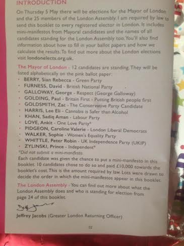 Ulotka prezentująca wszystkie kandydatury na Burmistrza Londynu.