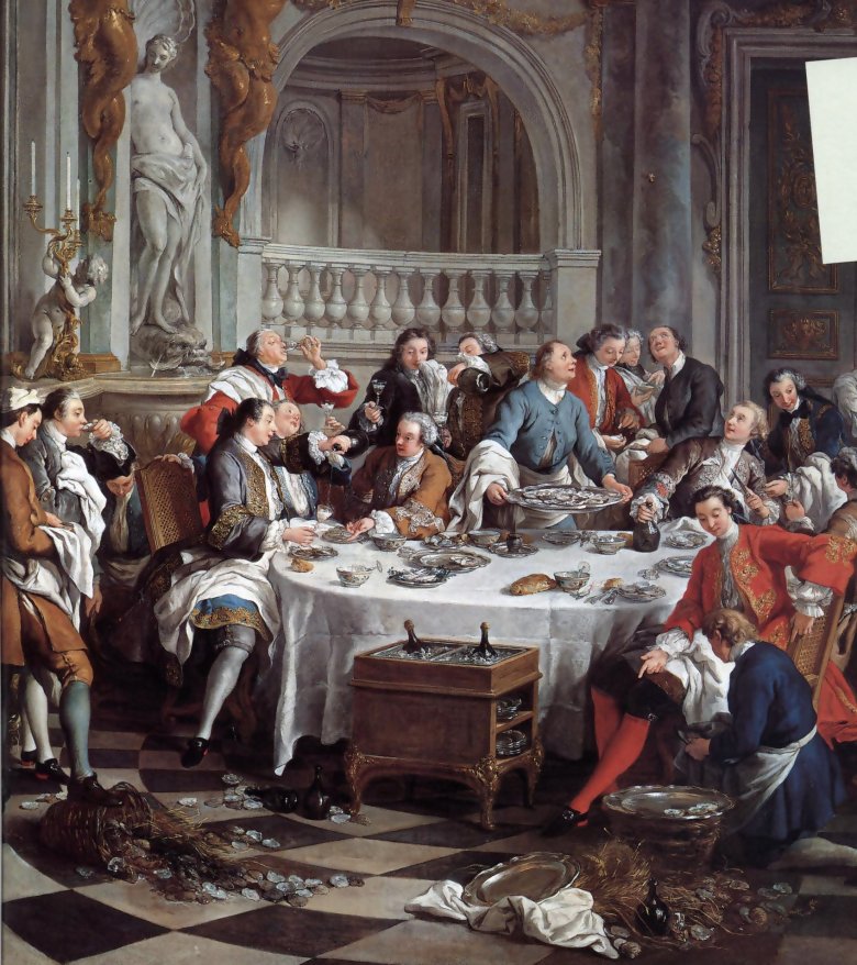 XVIII-wieczna uczta z szampanem i ostrygami.