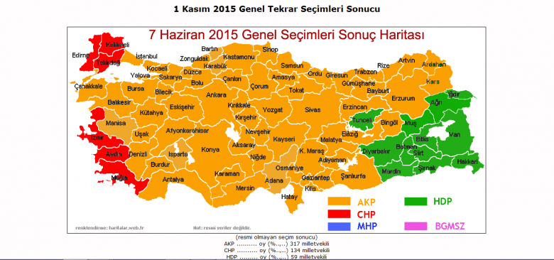 Mapa Turcji po wyborach do parlamentu (7 czerwca 2015).