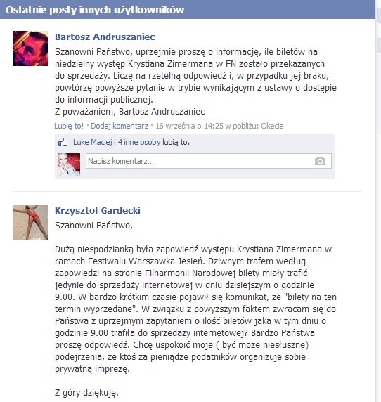 Załączam przykładowe wypowiedzi, których dużo jest na fanpage'u Warszawskiej Jesieni