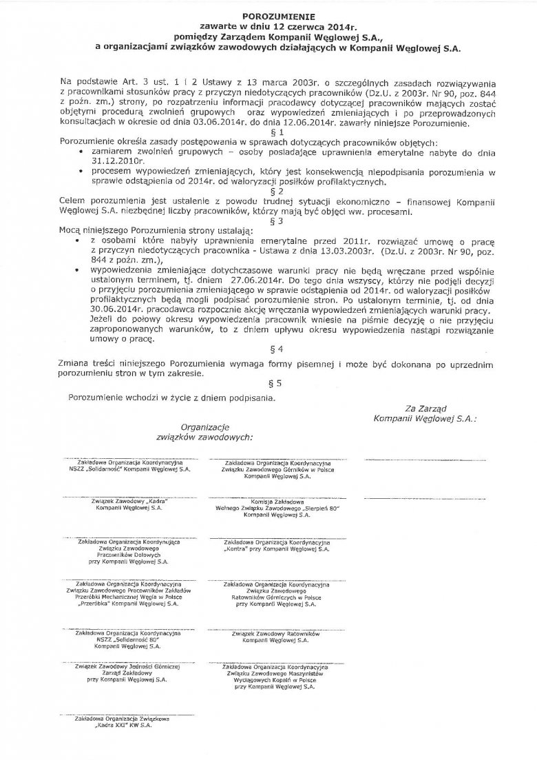 porozumienie między zarządem Kompanii Węglowej a związkami zawodowymi
