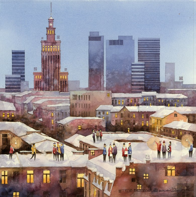 Chmielna. 2016|35x35cm. Zimowe dachy Śródmieścia Południowego.