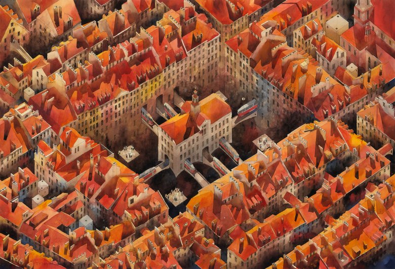 Rynek. 2015|75x110cm. Rynek warszawskiego Starego Miasta z ratuszem rozebranym w 1817 roku.