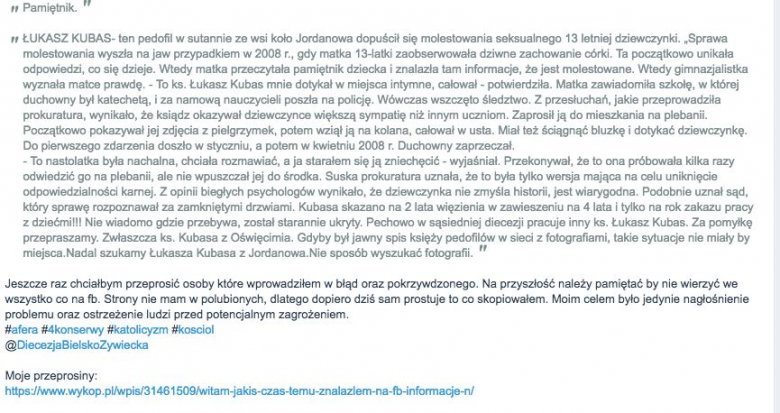 Internauci przepraszają duchownego z Oświęcimia za pomyłkę.