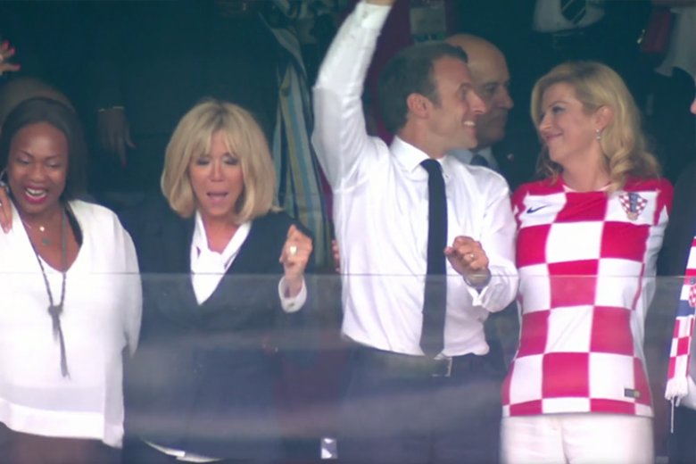   Emmanuel Macron is delighted with the victory, and Kolinda Grabar-Kitarović enjoys with him. 