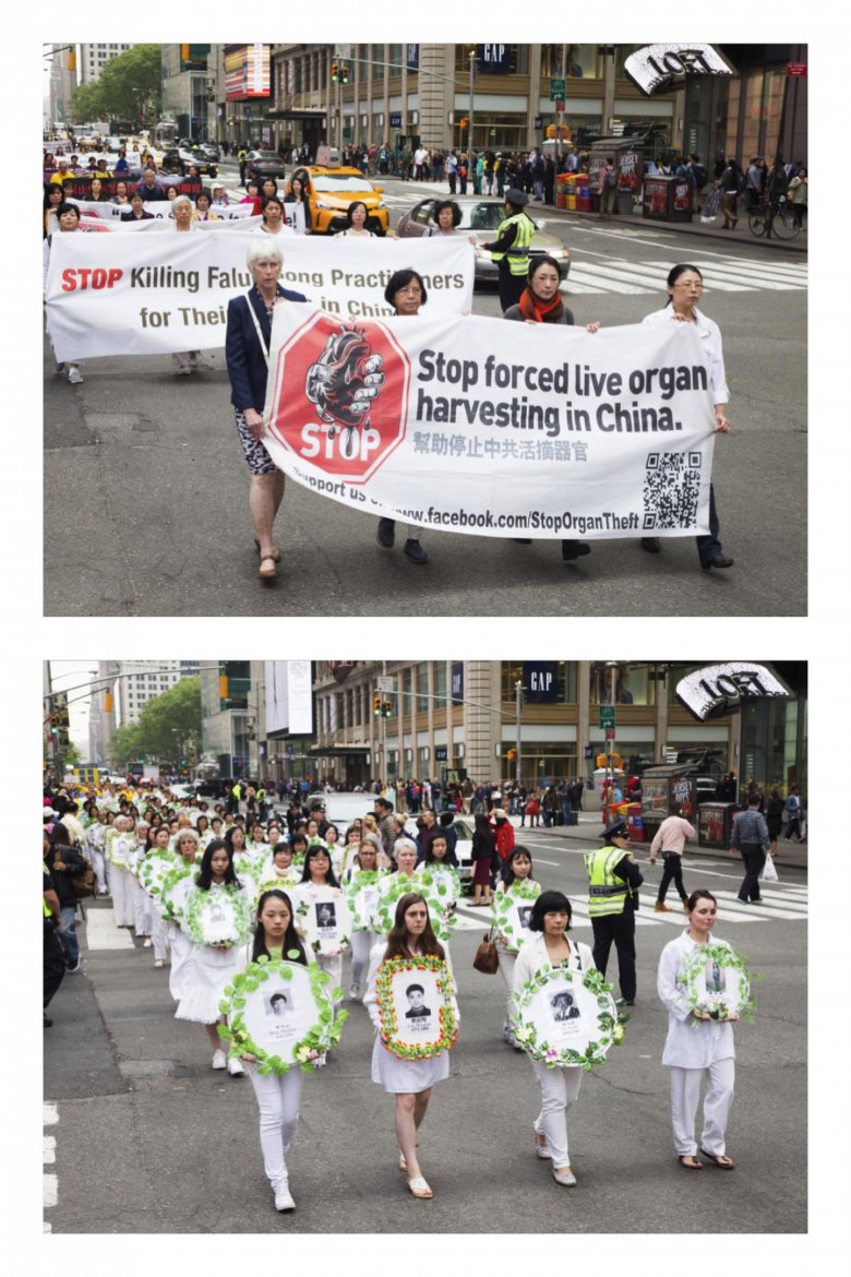 Uczestnicy parady nieśli portrety osób zmarłych w następstwie zadanych im tortur; apelowano o zaprzestanie grabieży organów od praktykujących Falun Gong w Chinach, Manhattan, 2016