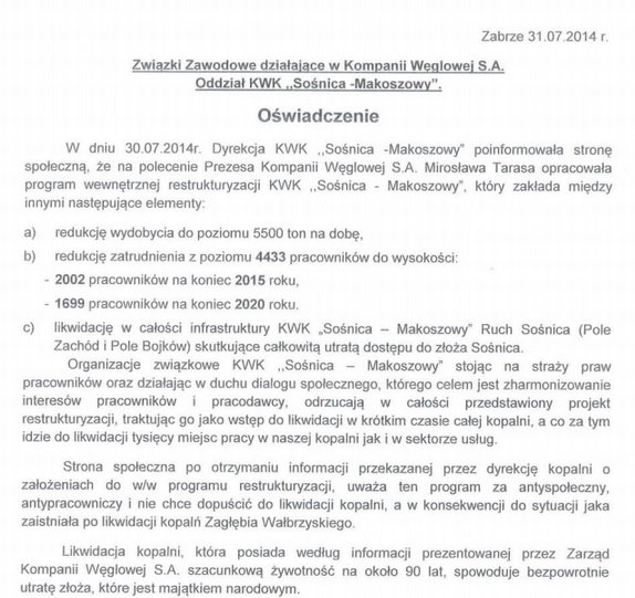 Oświadczenie Związków Zawodowych z kopalni Sośnica-Makoszowy