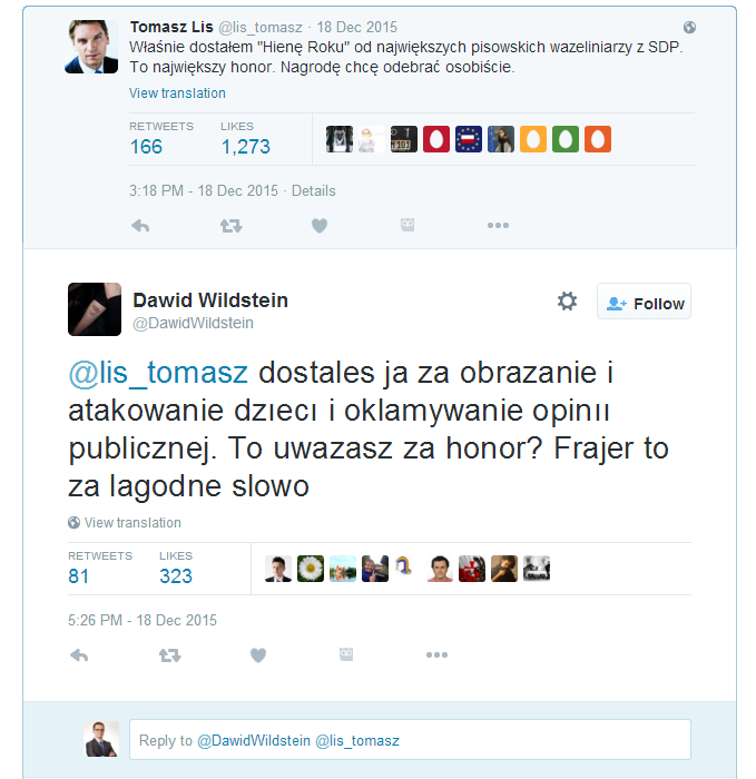 Odpowiedź Dawida Wildsteina na tweet Tomasza Lisa