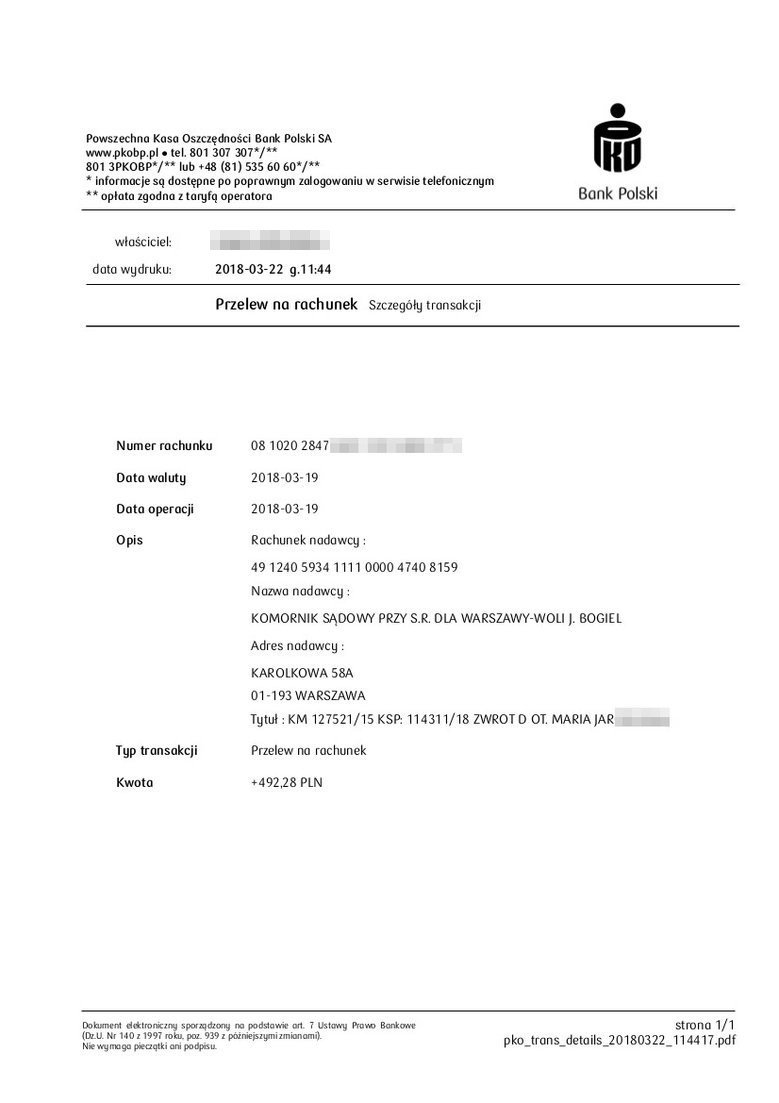 Potwierdzenie zwrotu nadpłaty w wysokości 492,28 zł.