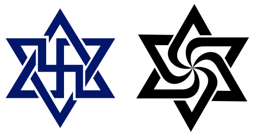 Symbole raelizmu. Po prawej wersja "złagodzona" dla oka Żydów i europejczyków