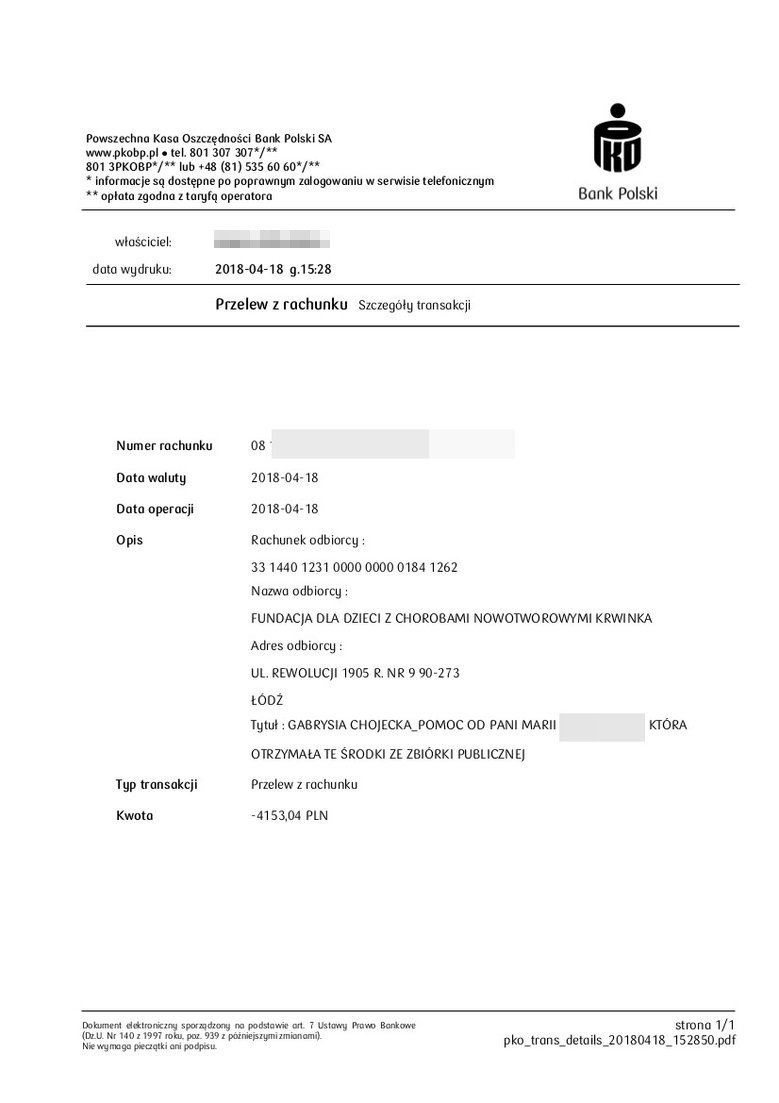 4 153,04 złote przelaliśmy w imieniu pani Marii na pomoc Gabrysi, która jest podopieczną Fundacji "Krwinka".