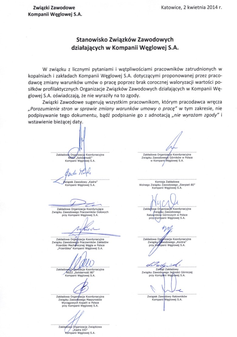 Oświadczenie związków zawodowych