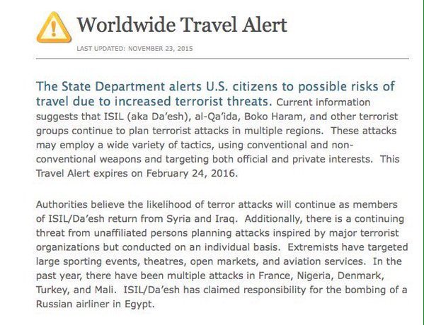 Worldwide Travel Alert wydany przez Amerykański Departament Stanu.