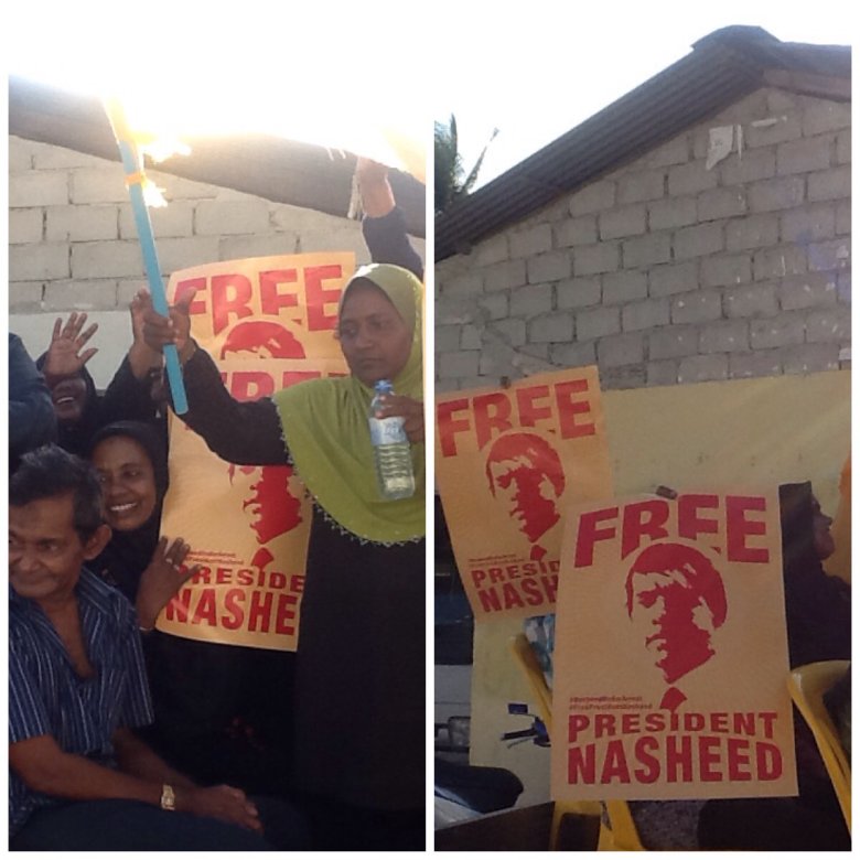 "Uwolnić Prezydenta Nasheeda," - pokojowe wiece w sprawie uwolnienia byłego prezydenta Malediwów, tego dnia odbywały się na w wielu miasteczkach i wioskach Malediwów