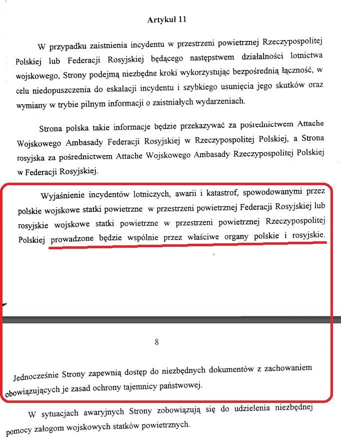 art. 11 Porozumienia między Ministerstwem Obrony Narodowej RP a Ministerstwem Obrony Narodowej Federacji Rosyjskiej w sprawie zasad wzajemnego ruchu lotniczego wojskowych statków powietrznych RP i FR w przestrzeni powietrznej obu państw